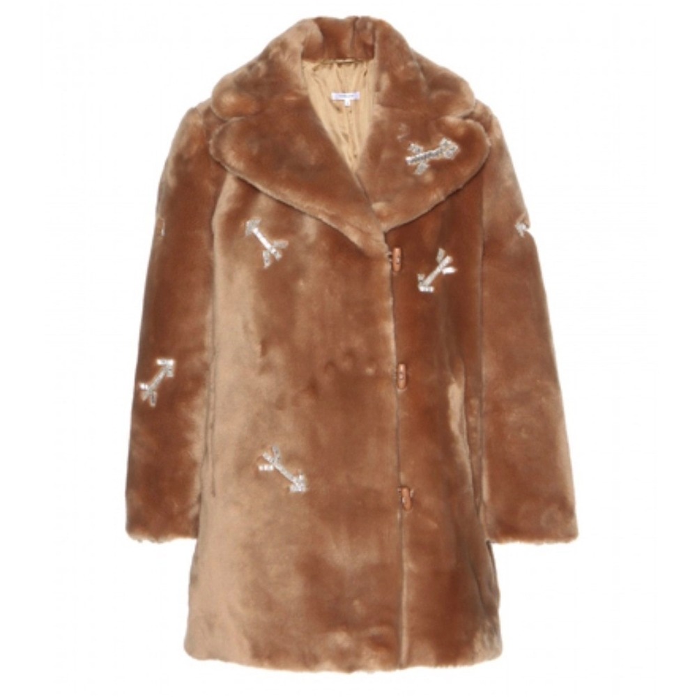 Carven Paris Faux Fur Embellished Arrow Coat Camel Brown Size 38 S/M Luxury - Picture 1 of 13